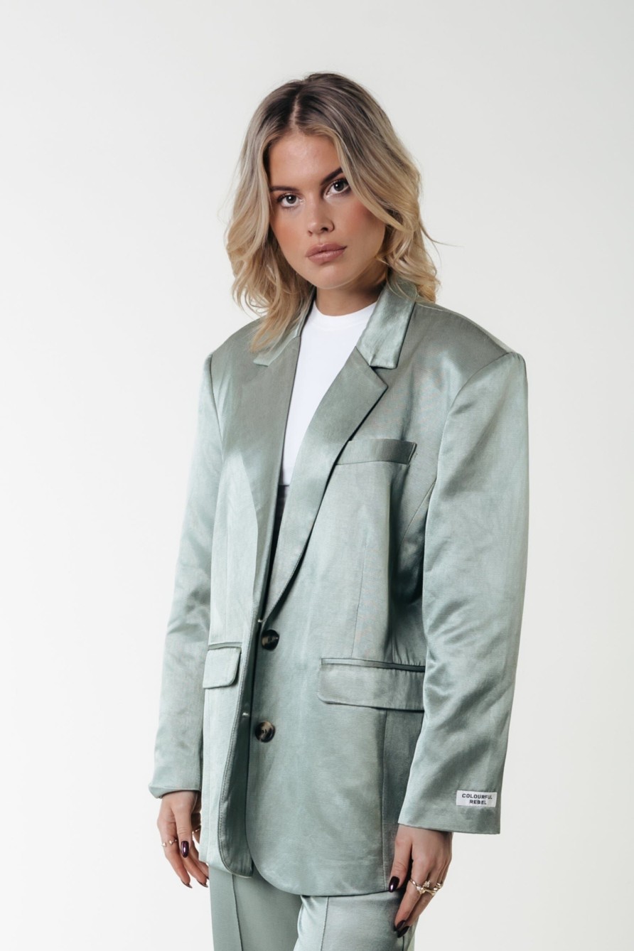 Colourful Rebel Jassen En Blazers | Gemma Satin Blazer|Soft Green