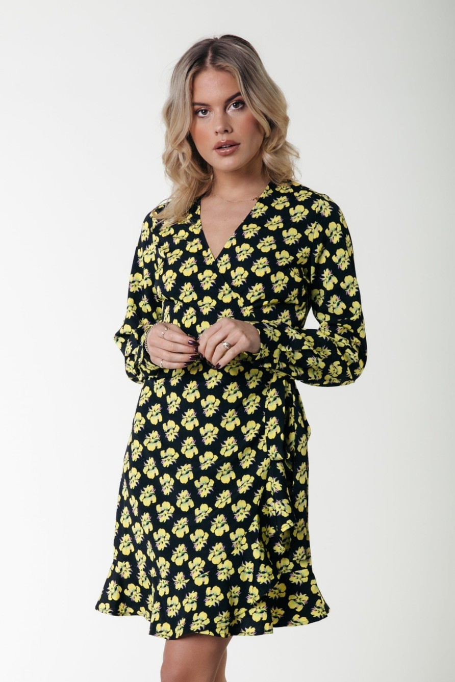 Colourful Rebel Jurken | Telsi Small Flower Wrap Dress|Bright Yellow