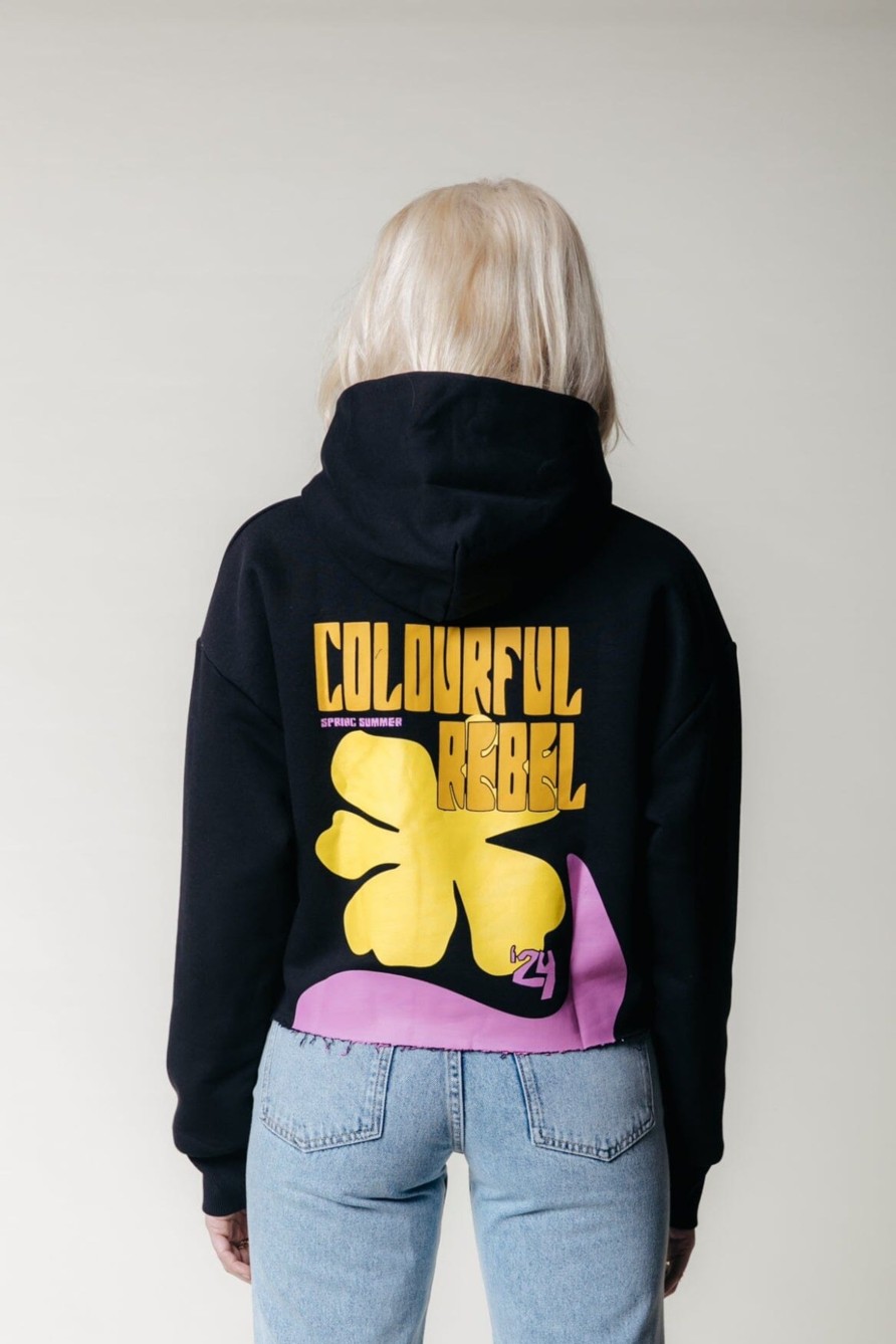 Colourful Rebel Hoodies | Flower Cropped Hoodie|Black