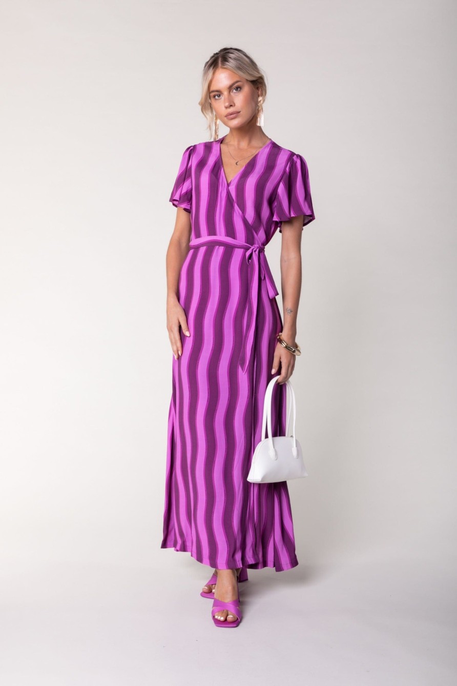 Colourful Rebel Jurken | Ava Stripes Wrap Dress|Purple