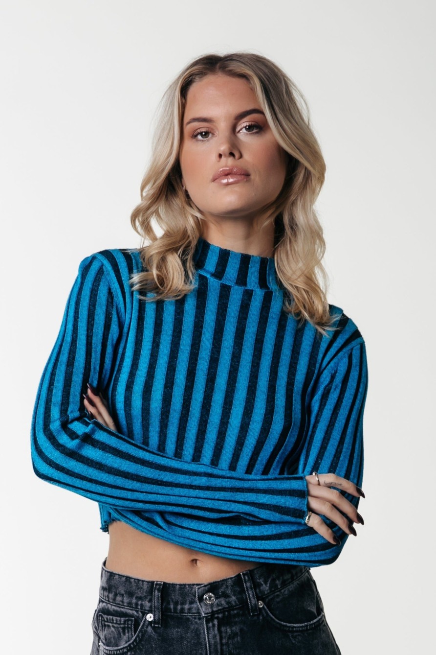 Colourful Rebel Tops | Jewel Striped Knit Top|Light Ocean Blue