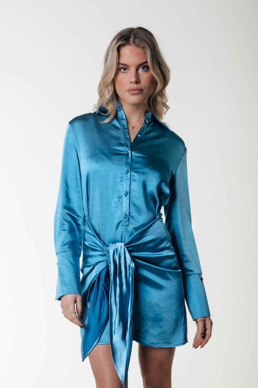 Colourful Rebel Jurken | Mette Satin Wrap Dress|Dark Petrol