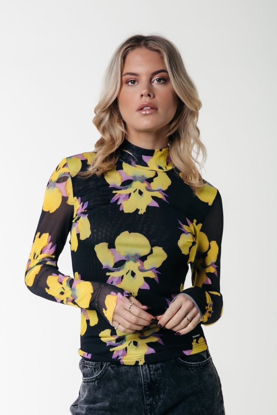 Colourful Rebel Tops | Neyo Big Flower Mesh Top|Bright Yellow