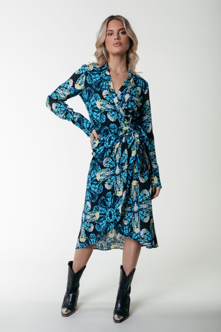 Colourful Rebel Jurken | Lea Flower Wrap Midi Dress|Light Blue