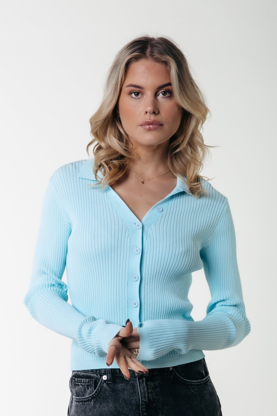 Colourful Rebel Tops | Nori Fine Knit Polo|Light Ocean Blue